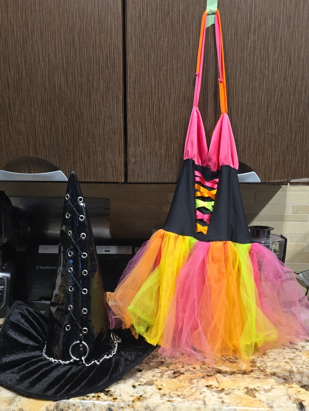 Candy Neon Witch Costume Dress with Tulle Skirt & Gothic Chain Hat